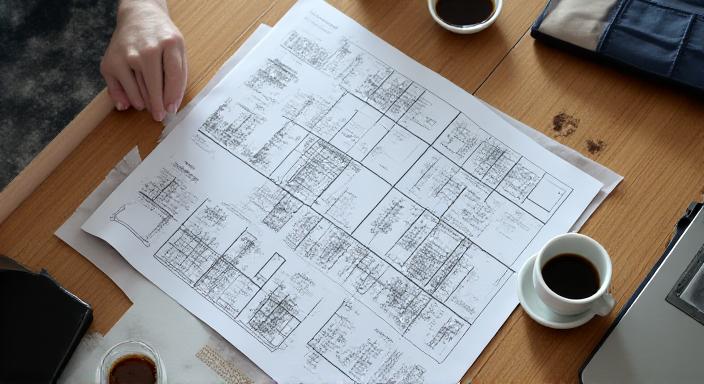 Strategic planning session with blueprints and markers